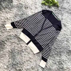 GU【XL】ネイビー/白 ストライプカーディガン 春 羽織り Vネック 長袖