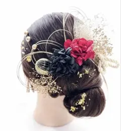 no.5074 成人式髪飾り　成人式　結婚式　髪飾り　水引　ボルドー　ブラック