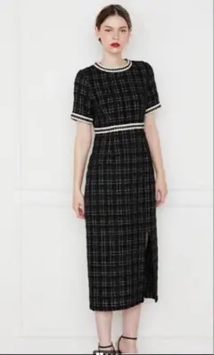 【LEJA】美脚効果スリット入りツイード柄ハイウエストワンピース結婚式セレモニー