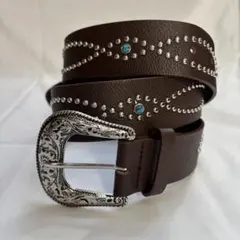 茶 レザー スタッズ　ベルト ターコイズ y2kユニセックス アメカジ