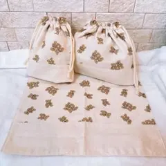 No.102ベージュ×くま柄/給食袋3点セット/コップ袋/お弁当袋/ランチマット