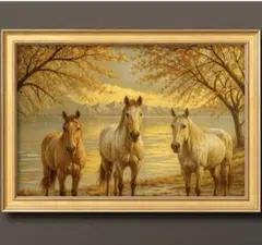 光満ちる湖畔に未来をひらく三つの力馬　額縁付き　開運グラフィックアート