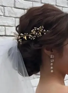 パールと金色の葉のヘッドドレス　ゴールド