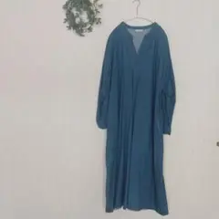 デニムブルー 長袖 Vネック ロングワンピース