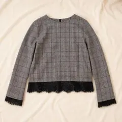 ZARA WOMAN ジャガードブラウス グレンチェック 裾レース 長袖 S