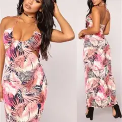 ◆FASHION NOVA◆トロピカル リーフ柄 マキシドレス ワンピース★S