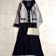 美品 ルイルエブティック ミックスツイードペプラムワンピース L ネイビー