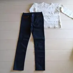 スパンコール装飾 ブラック スリムフィットパンツ　135-145cm