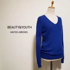 BEAUTY&YOUTH ウールアンゴラカシミヤ混Vネック柔らかニット ブルー