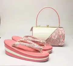 草履バッグセット エナメル×レース 白×ピンク Mサイズ 三枚芯 u21-6