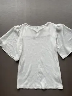 ホワイトリブ編みパフスリーブカットソー M