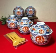 【未使用】希少 高級 有田焼 喜峰窯 蓋付小鉢 茶碗蒸し碗 5客 金彩 スプーン 未使用】希少 高級 有田焼 喜峰窯 蓋付小鉢 茶碗蒸し碗 5客 金彩