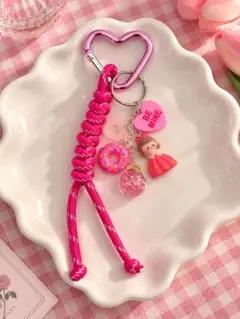 ハートカラビナ ピンク パラコード キーホルダー ハンドメイド じゃらじゃら