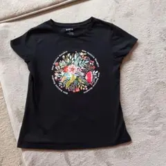 美品　SHEIN 花柄プリント Tシャツ ブラック M　コットン混ストレッチのサムネイル