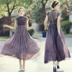 上品 パーティ シフォン ロングドレス ネイビー 結婚式t