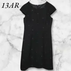 ワンピース　花柄刺繍　フレンチスリーブ　ひざ丈　裏地あり　13AR　ブラック