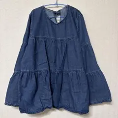 ダークブルーデニム　フレアスリーブ ティアードシャツ　M
