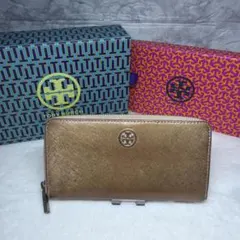 Tory Burch ゴールドレザー長財布 ラウンドファスナー ロビンソン