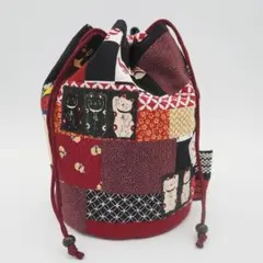 あ*や様 つないで つないで 丸底 パッチワーク 合切袋　赤