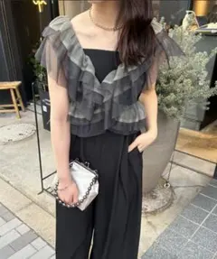 アンドラブ　＆LOVE大人上品パールビジューの細魅えサロペット　ブラック アンドラブ ＆LOVE大人上品パールビジューの細魅えサロペット ブラック