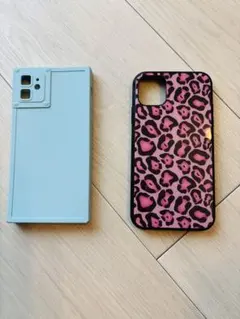 iPhone11ケース　ヒョウ柄　ピンク　水色