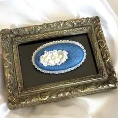 ハンドメイド　刺繍　ビーズ　ブローチ　花　ブルー