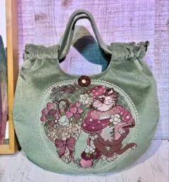 ロラライハリス♡ライトグリーンベロア♡刺繍のふんわり丸型絞りバッグS♡