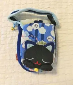 【未使用品】和風ちりめん　ブルー　小物入れ　ポーチ　仕分けバッグ　猫好きさん