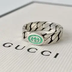 【GUCCI】グッチ　インターロッキングG リング　指輪　チェーン　シルバー　緑