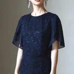 DRESS PLUS 結婚式 フリルスリーブ レースドレス ネイビー XL