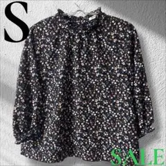 「即日発送」S COLZAネイビー花柄フリルネック長袖ブラウス