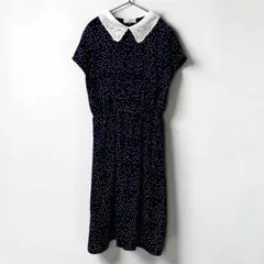 colza ネイビー ドット柄 刺繍襟 半袖ワンピース M 清楚系のサムネイル