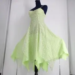 【美品 社交ダンス衣装】ワンピースドレス 黄緑 ライトグリーン フェミニン 花柄