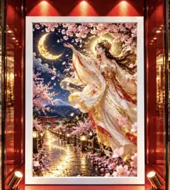 三日月の光と天照大神の舞が幸福を招き、運気を輝かせる　額縁付き　開運グラフィック