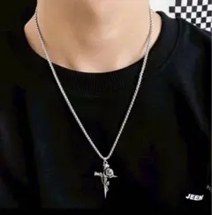 十字架とバラのシルバーネックレス　ユニセックス　アメカジ