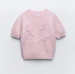 ZARA フラワー 刺繍 モチーフ ニットセーター ピンク