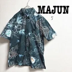 MAJUNマジュン　アロハシャツ　かりゆしウェア　ハイビズカス　鳥　ボタンダウン
