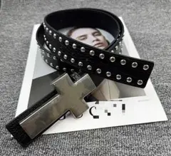 スタッズ付きクロスバックル黒レザーベルト