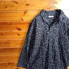 GU　ジーユー　半袖シャツ　柄シャツ　ボタニカル柄　花柄　総柄　黒　XL　古着