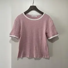 P01303 アクアリーフ　デニムとよく合う　ピンクストライプ 半袖リブTシャツのサムネイル