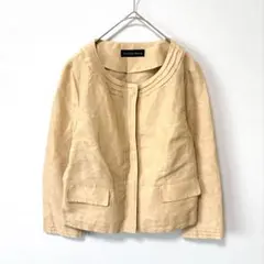 【グリーンレーベルリラクシング】麻コットン ノーカラージャケット ベージュ 38