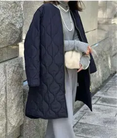 ネイビー キルティング ロングコート