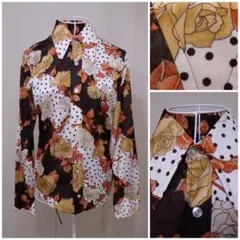 昭和レトロ　古着　ヴィンテージ　長袖　シャツ　ブラウス　花柄　ブラウン　美品