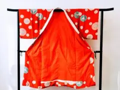 アンティーク 襦袢 赤 菊文様 レディース 長着 正絹風 リメイク素材◆m006