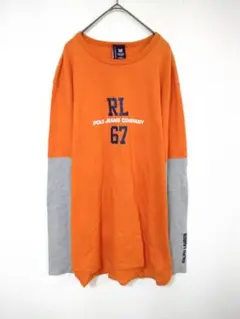 90年　ポロジーンズ　ラルフローレン　メンズL相当　ロンＴ　オレンジ　グレー　綿