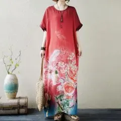 【12月31日までオフシーズン価格】ロングワンピース さらっと生地 花柄 半袖