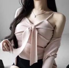 me+em select リボンニットキャミソール ＋ カーディガンセット