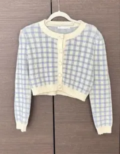 ❤︎韓国❤︎ブルーチェック柄 クロップドニットカーディガン