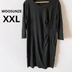 WOOSUNZE 黒のVネック七分袖ワンピース　XXL