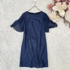 花柄　総レース　ワンピース　シフォン袖　ネイビー（M）セレモニー　華やか　夜職
